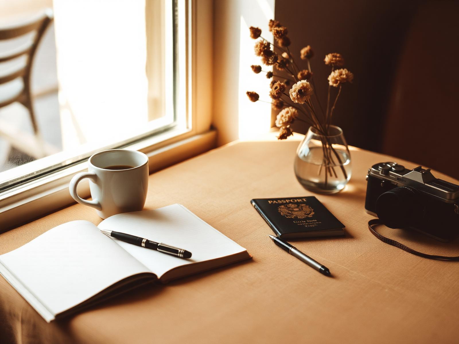 Coffee, notebook, passport and camera on a sunlit café table